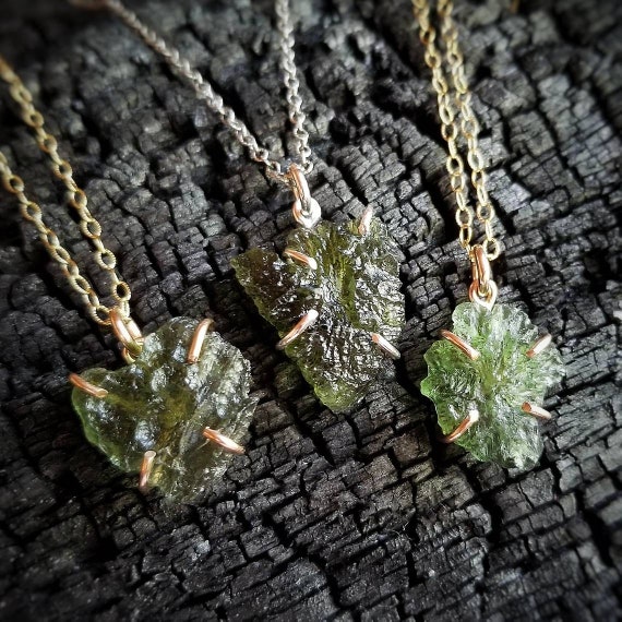 Rough Moldavite Prong Set Pendant in Sterling Silver | Starborn