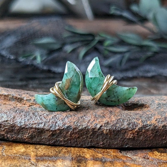 EMERALD CRESCENT Moon Ear Studs | 12mm Faceted Emerald Moon Wire Wrapped Studs | 14k Gold Filled or 925 Sterling Silver