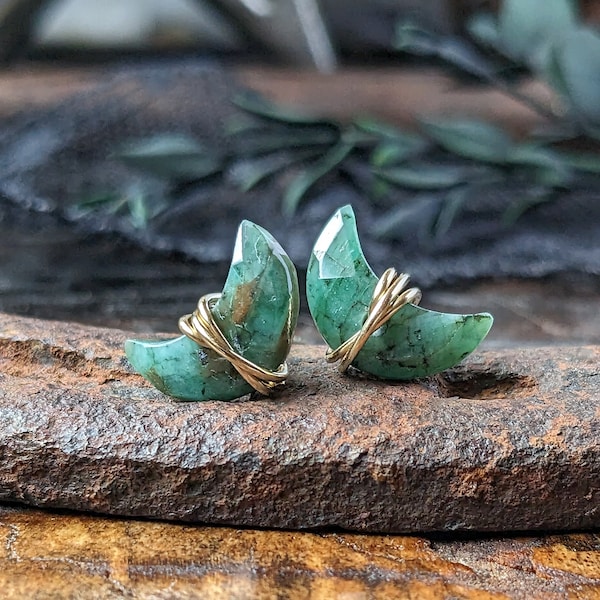 EMERALD CRESCENT Moon Ear Studs | 12mm Faceted Emerald Moon Wire Wrapped Studs | 14k Gold Filled or 925 Sterling Silver