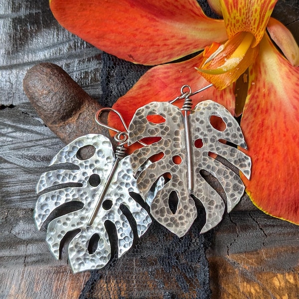 MONSTERA LEAF Earrings | Large Lightweight 925 Sterling Silver Tropical Leaf Dangle Earrings | Silver Monstera Leaves