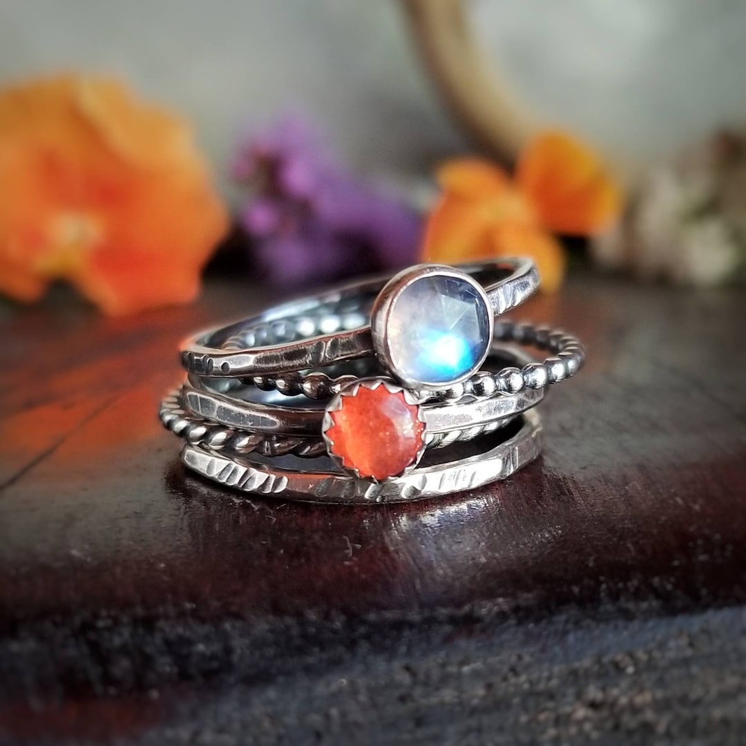 SUNSTONE MOONSTONE Rings Sun and Moon Ring Stack 0xidized 925 Sterling ...