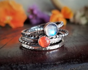 SONNENSTEIN MONDSTEIN Ringe | Ring Stapel Sonne und Mond oxidiertes 925 Sterling Silber