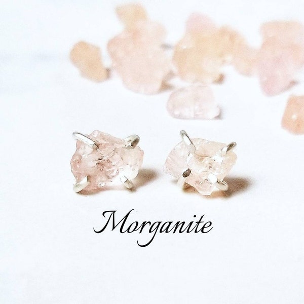 MORGANITE Stud Earrings | Raw Peach Morganite Ear Studs | 14k Gold or 925 Sterling Silver