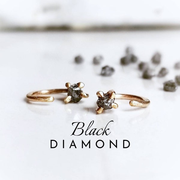 BLACK DIAMOND Hug Hoops | Natural Raw Earth Mined Genuine Diamonds | 14k Gold or 925 Sterling Silver Mini Huggie Hoops