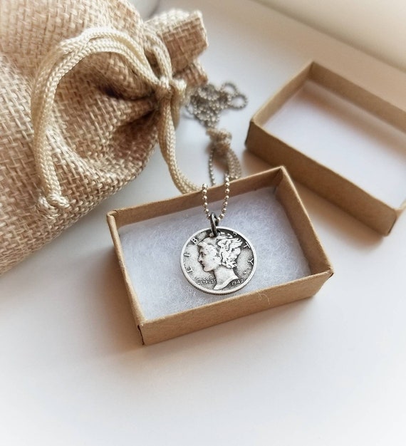 Antique Mercury Dime Pendant On 30" Sterling Silver Chain - War Era Coin Jewelry