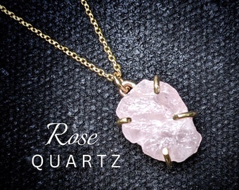 ROSE QUARTZ Necklace | Raw Rose Quartz | Natural Uncut Rose Quartz Necklace | Pink Crystal Prong Necklace 14k Gold Filled or 925 Silver