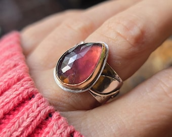 TOURMALINE LOTUS Ring | Natural Untreated Rubellite Pink Tourmaline Mixed Metal 14k Gold Sterling Silver Lotus Flower Band