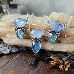 MOONSTONE KYANITE RAINCLOUD Necklace | Fine & 925 Sterling Silver Faceted Rose Cut Moonstone Cloud Blue Kyanite Rain Drop Pendant Necklace
