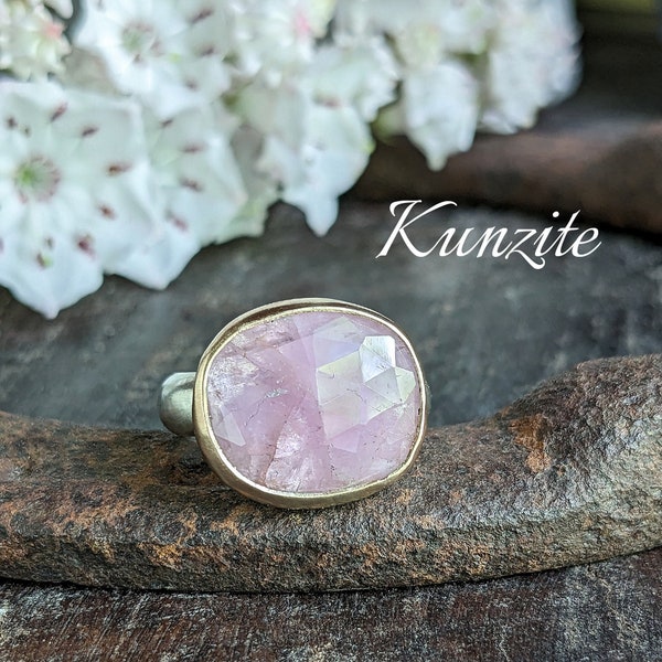 KUNZITE Ring | Rose Cut Kunzite Mixed Metal 14k Gold & Sterling Silver | Pink Kunzite Ring Gold