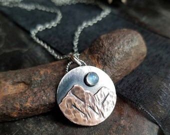 MOUNTAIN Necklace | Moonstone Mountain Necklace | Full Moon Mountain Necklace | Mountainscape Moonrise Pendant