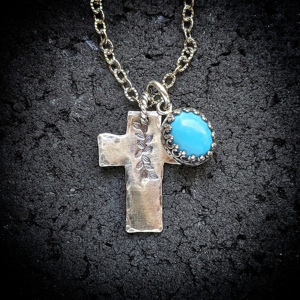 TURQUOISE CROSS Necklace | Authentic Ethically Sourced American Mined & Cut Arizona Turquoise | 925 Sterling Filigree Crown Cross Pendant