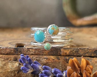TURQUOISE Stacking Rings | Turquoise Ring Stack | Stackable Turquoise and Silver Rings | 925 Hammered Sterling Silver Turquoise Ring Set