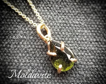 MOLDAVITE Teardrop Necklace | Genuine Czech Republic Faceted Pear Moldavite | 14k Gold Filled or 925 Silver | Certificate of Authenticity