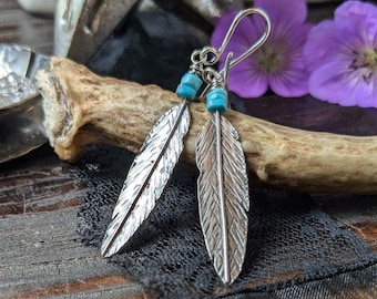 TWO FEATHERS Sterling Silver & Turquoise Earrings | Feather Earrings | Silver Feather Earrings | Handmade Feather Earrings