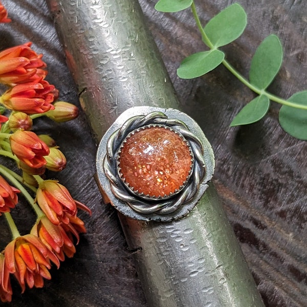 SUNSTONE Ring | 925 Oxidized Rustic Silver Twisted Rope Sunstone Hammered Ring