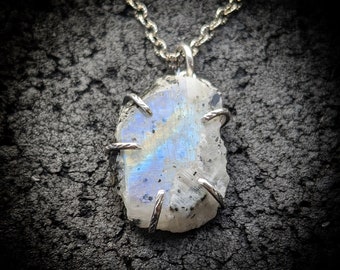 MOONSTONE SLAB Necklace | Raw Natural Rainbow Moonstone 925 Sterling Silver Necklace | Moonstone Black Tourmaline Rustic Silver Pendant