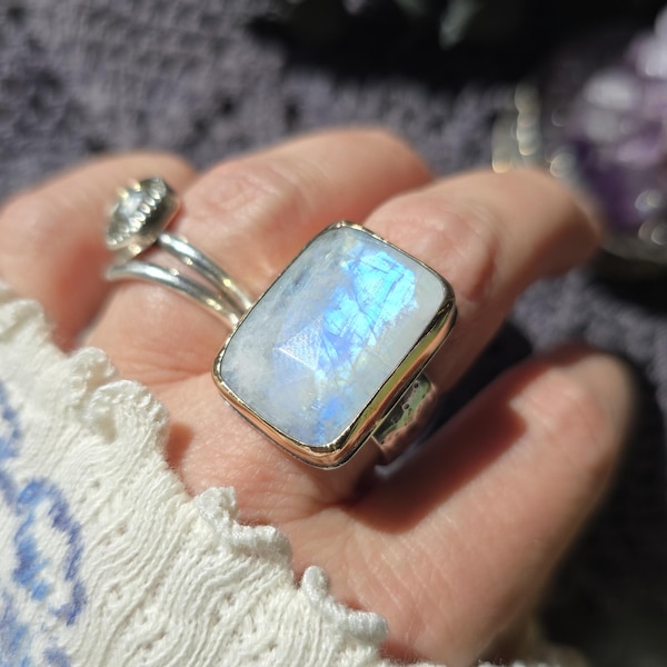 MOONSTONE Ring | Rose Cut Faceted White Flashing Mixed Metal 14k Gold Filled & 925 Sterling Silver Moonstone Crescent Moon Star Band