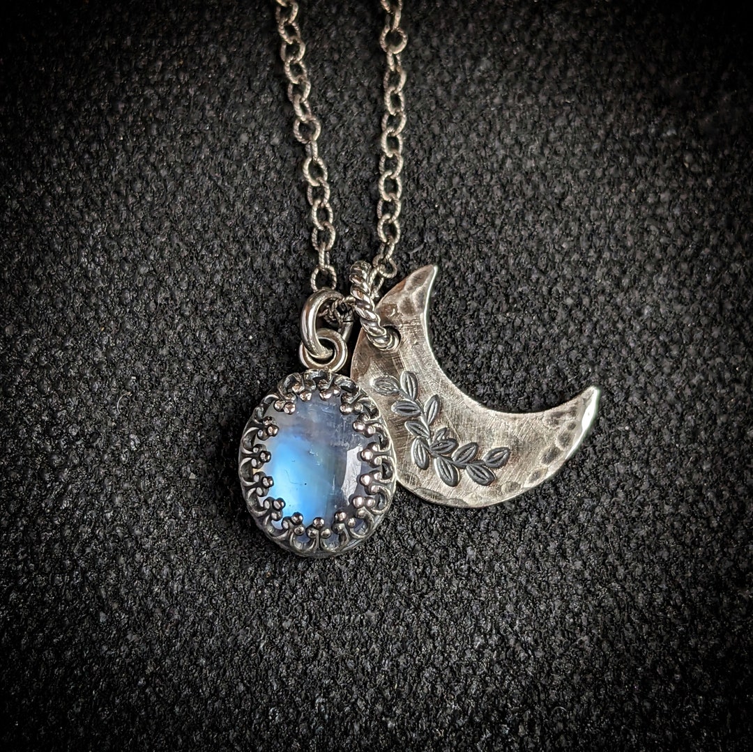 MOONSTONE CRESCENT MOON Necklace | 925 Oxidized Sterling Silver Fancy ...