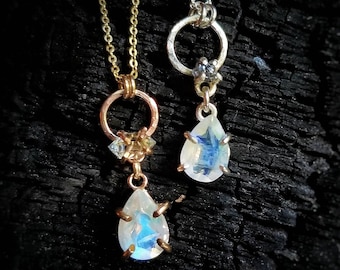 MOONSTONE & RAW DIAMOND Necklace | Raw Natural Earth Mined Black Diamond or Herkimer Diamond Quartz Rainbow Moonstone Mixed Crystal Pendant