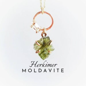 HERKIMER MOLDAVITE Crystal Necklace | Raw Moldavite Necklace | Genuine Moldavite Pendant | 925 Sterling Silver or 14k Gold Filled