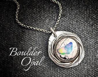 BOULDER OPAL Necklace | Cantera Window Opal | Unique Handcrafted 925 Sterling Silver Opal Necklace | Artisan Opal Rustic Silver Jewelry