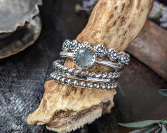 AQUAMARINE Ring Stack | Oxidized 925 Sterling Silver 6mm Rose Cut Faceted Blue Moss Aquamarine Stackable Rings | March Birthstone