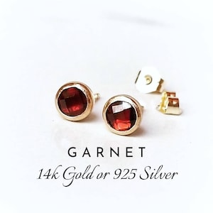 GARNET Stud Earrings | 5mm Cushion Cut Garnet Ear Studs | 14k Gold or Gold Filled or 925 Silver | January Birthstone