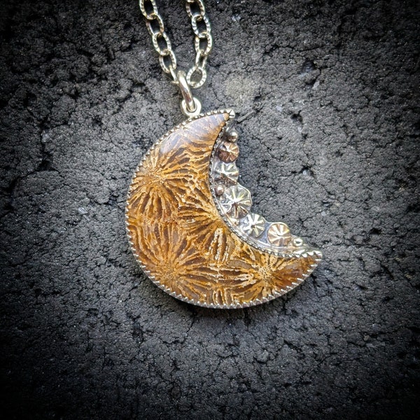 CORAL CRESCENT Necklace | Fossilized Coral Crescent Moon 925 Sterling & Fine Silver 14k Gold Accents | Indonesian Coral Agate Fossil Pendant