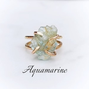 AQUAMARINE Ring | Raw Natural Uncut Earth Mined Aquamarine 14k Gold Filled or 925 Sterling Silver Claw Prong Ring