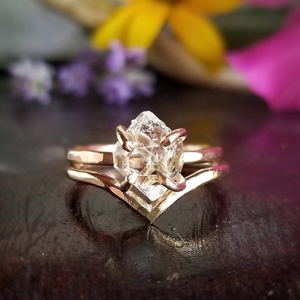 HERKIMER Diamond Chevron Ring | Natural Raw Earth Mined Herkimer Diamond Quartz Ring 14k Gold, 14k Gold Filled, 925 Sterling Silver