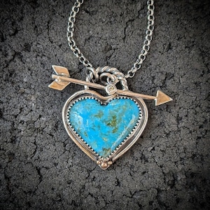 TURQUOISE HEART Necklace | Kingman Arizona Turquoise Pendant | Arrow Toggle Turquoise Heart Pendant | Moissanite Diamond 14k Gold Sterling