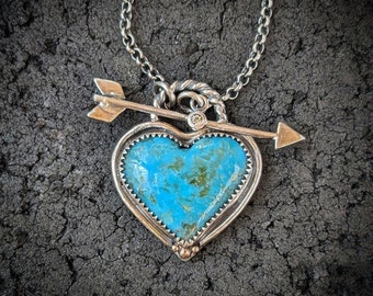 TURQUOISE HEART Necklace | Kingman Arizona Turquoise Pendant | Arrow Toggle Turquoise Heart Pendant | Moissanite Diamond 14k Gold Sterling