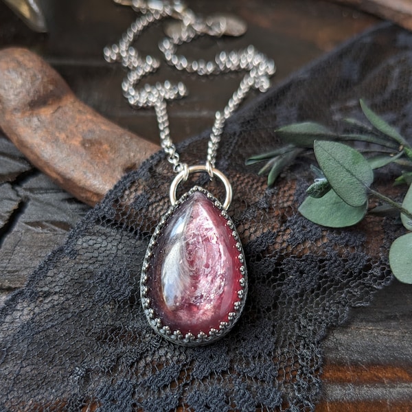 LEPIDOLITE Necklace | 925 Sterling Silver Filigree Crown Purple Lepidolite Pendant | Rose-Colored Red Violet Mica Pear Drop Necklace