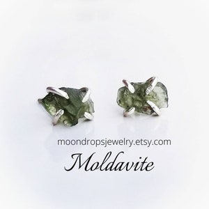 RAW MOLDAVITE Stud Earrings| Pair or Half Pair Genuine Certified Moldavite Ear Studs | 14k Gold or 925 Sterling Silver