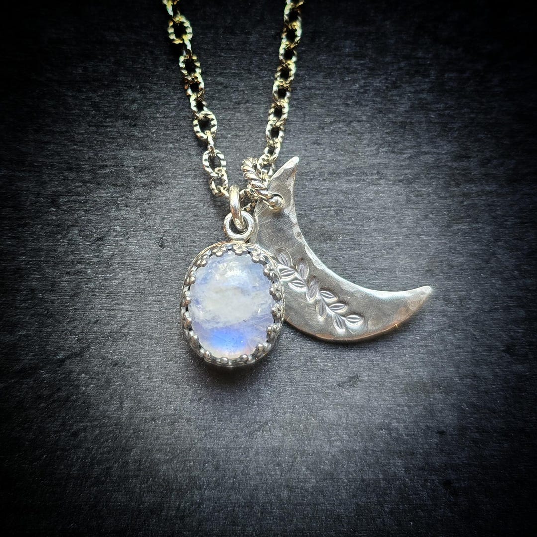 MOONSTONE CRESCENT MOON Necklace | 925 Oxidized Sterling Silver Fancy ...