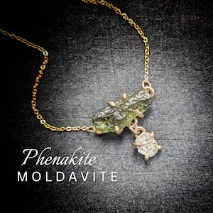 PHENAKITE MOLDAVITE Crystal Necklace | Raw Moldavite Phenacite Necklace | 14k Gold Filled Dainty Mixed Crystal Necklace