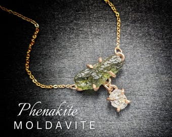 PHENAKITE MOLDAVITE Crystal Necklace | Raw Moldavite Phenacite Necklace | 14k Gold Filled Dainty Mixed Crystal Necklace