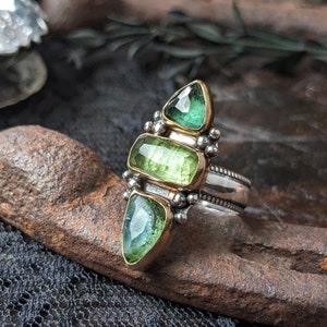 TOURMALINE Ring | Faceted Green Blue Tourmaline 14k Gold & 925 Sterling Silver Mixed Metal Ring | Custom Made Sizing