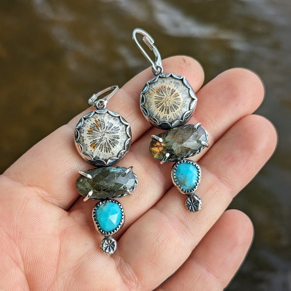 FOSSILIZED CORAL MERMAID Earrings | Fine Silver & 925 Sterling Silver | Labradorite Indonesian Coral Fossil Authentic Rose Cut Turquoise