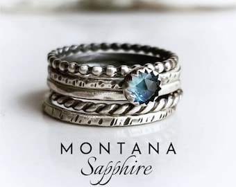 MONTANA SAPPHIRE Ring Stack | 14k Gold Filled or 925 Sterling Silver | 5mm Rose Cut Blue Sapphire Stackable Rings | September Birthday