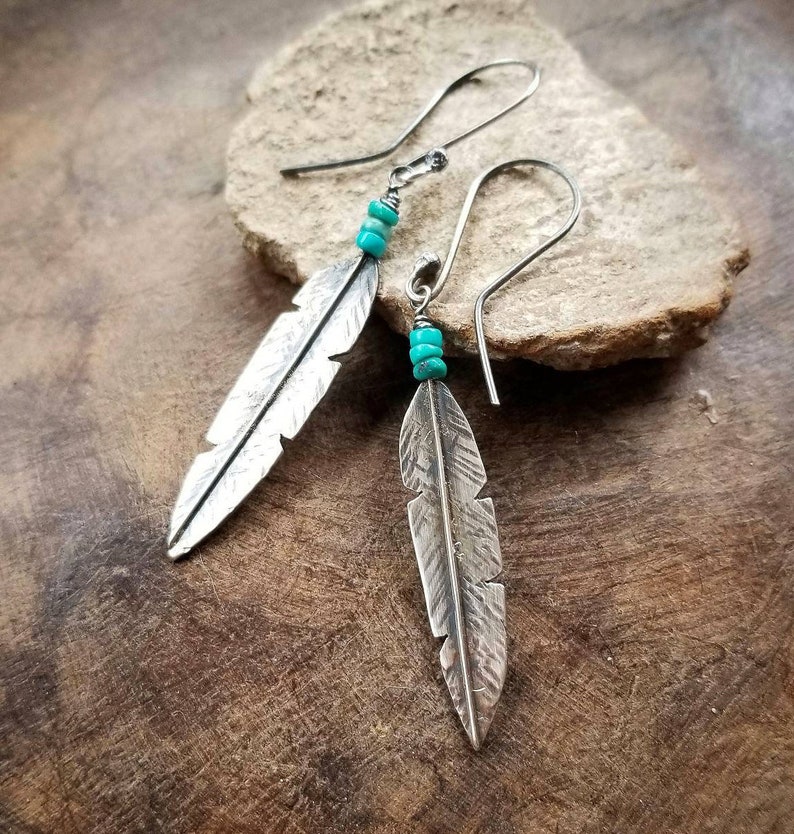 TWO FEATHERS Sterling Silver & Turquoise Earrings Feather Etsy