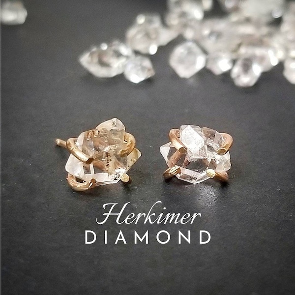 HERKIMER DIAMOND Stud Earrings | 14k Gold or 925 Sterling Silver | Raw Clear Earth Mined Clear Diamond Quartz Ear Studs