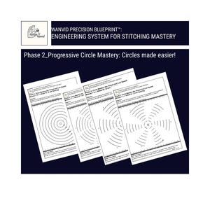 May include: A set of white paper guides with black circular patterns and text. The guides are labeled "WANVID PRECISION BLUEPRINT" and "Phase 2_Progressive Circle Mastery: Circles made easier!" for stitching mastery.