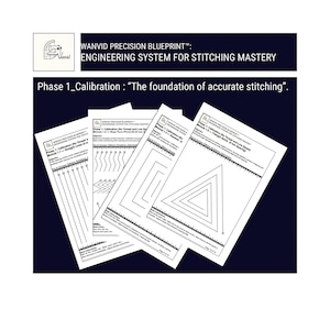 May include: A collection of white printed sheets with black text and diagrams, featuring the text "WANVID PRECISION BLUEPRINT" and "Phase 1_Calibration". The sheets display various geometric shapes and lines for stitching practice.