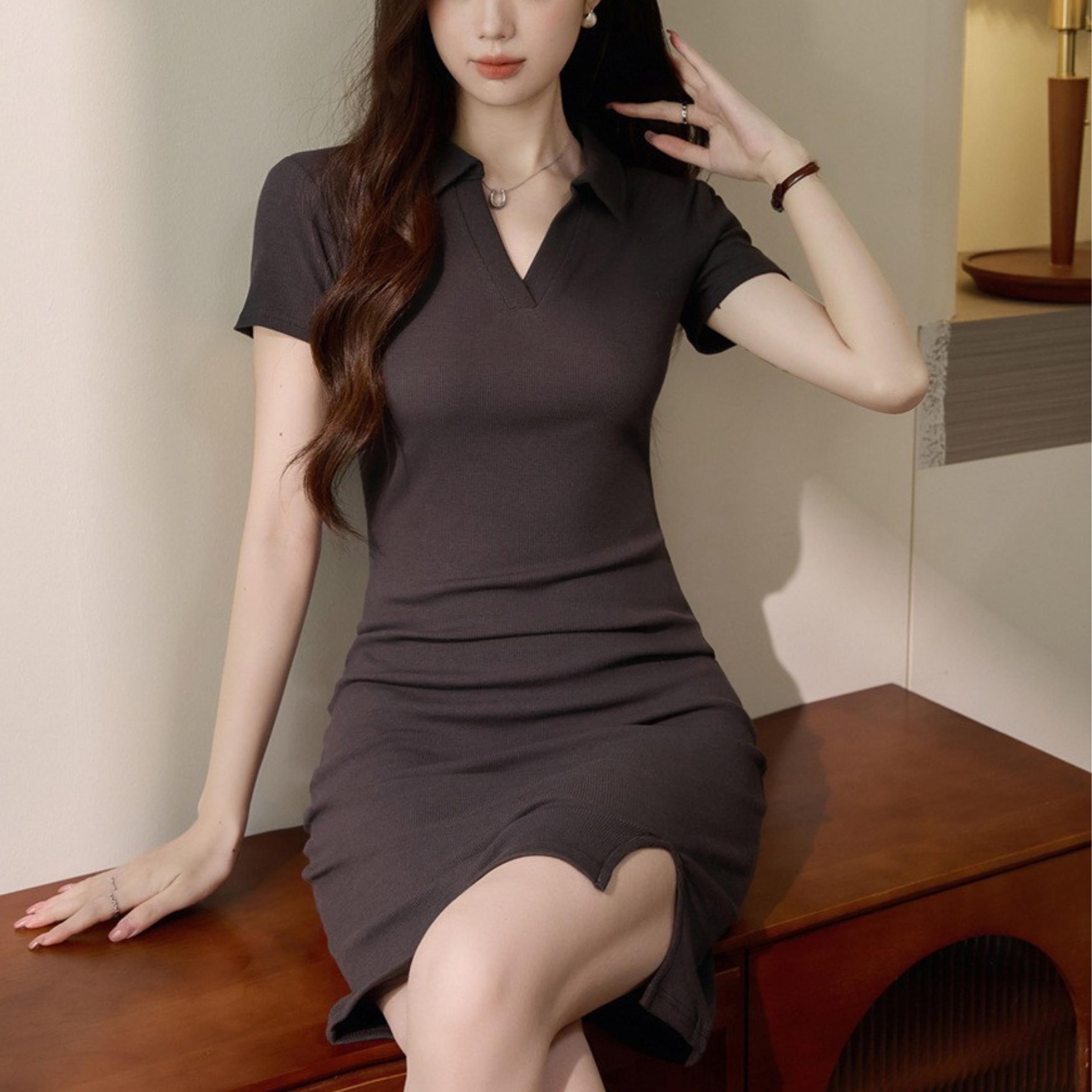polo collar bodycon dress | Slim Fit Stylish Fashion Collar_Buttonless Style with delicate gold Royal Blue A Line Colour:Salmon (picture)