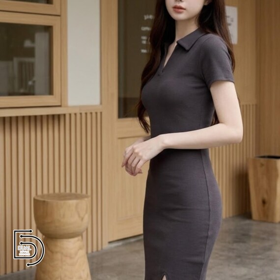 polo collar bodycon dress | Slim Fit Stylish Fashion | Casual Y2K Summer Outfit Taglia:60 Ribbed Polo Dress With atf-kg-07.29.25 LDS Modest Eucalyptus Green