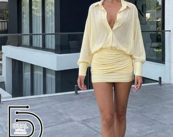 Mini Shirt Dress | Button Front Bodycon | Party Evening Outfit | Chic Street Fashion