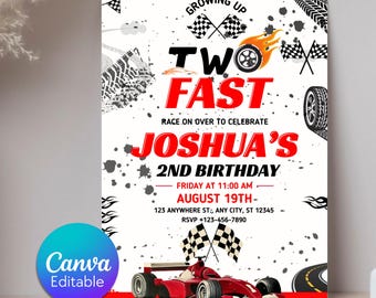 Two Fast Birthday Invitation, Vintage Race Car 2nd Birthday Invitation, Two Fast Kids Birthday Party Invite, Editable Template Canva