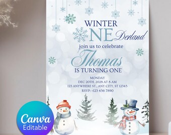 May include: A winter-themed invitation with a blue and white color scheme. The invitation features the text "Winter Wonderland" and "Thomas is turning one." Snowmen and snowflakes decorate the design. The Canva Editable logo is in the bottom left corner.
