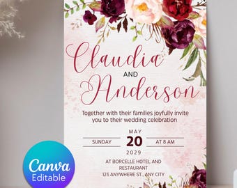 Burgundy Wedding Invitation Template, Boho Blush Pink Rose Wedding Invite, Sage Marsala Floral Invitation Card, Canva Instant Download